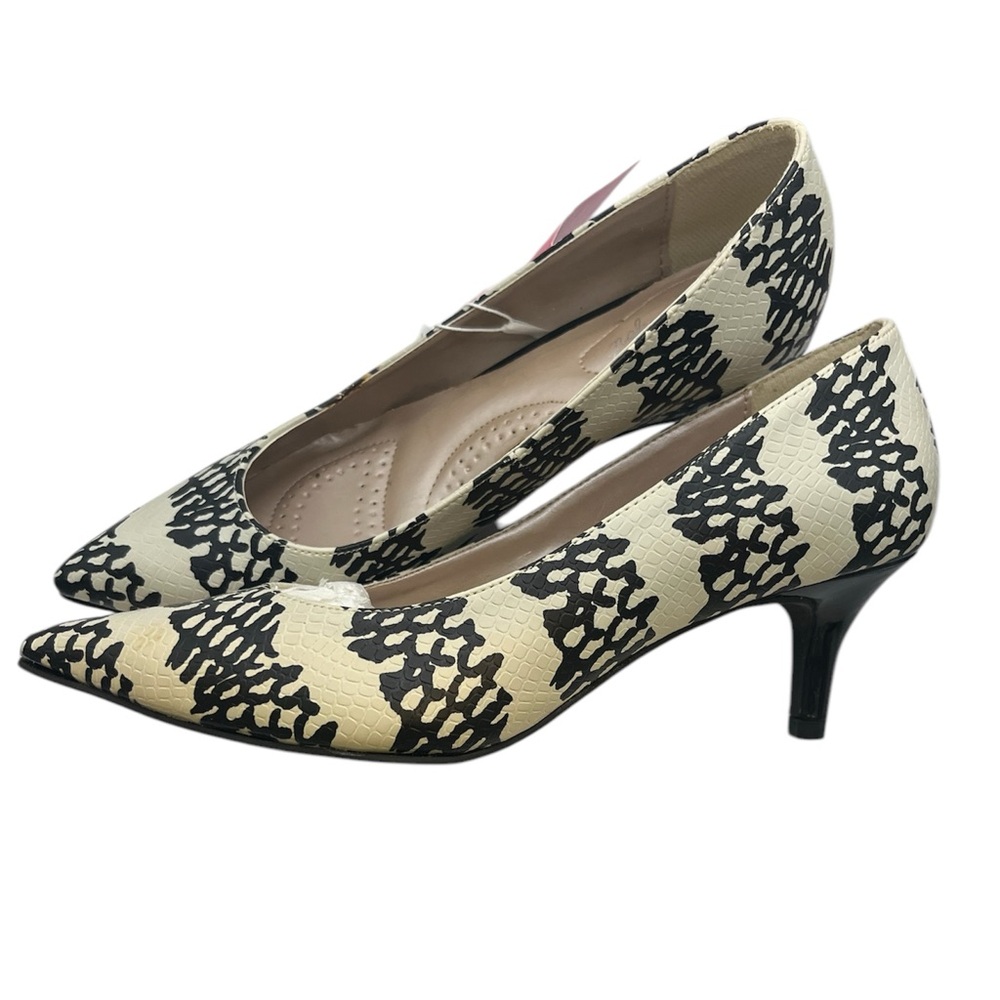 VINTAGE 2013 DEXFLEX LEATHER PUMP WOMEN 6.5 CREAM/BLACK SYNTHETIQUES COMFORT